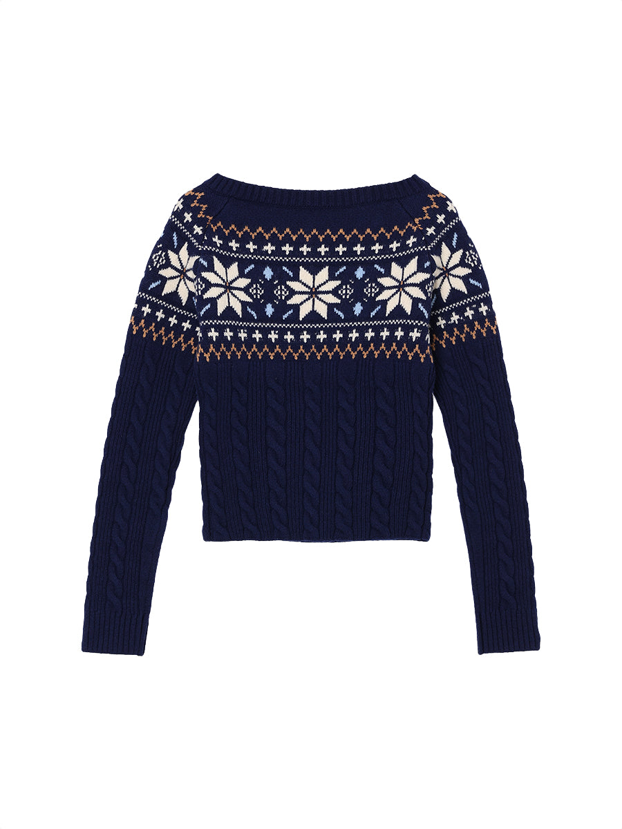 nordic pattern boat neck henley KNIT