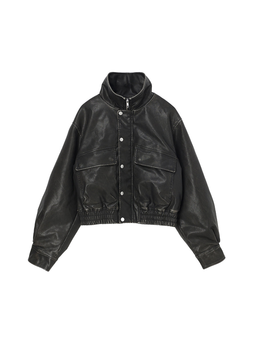 washed faux leather padded blouson