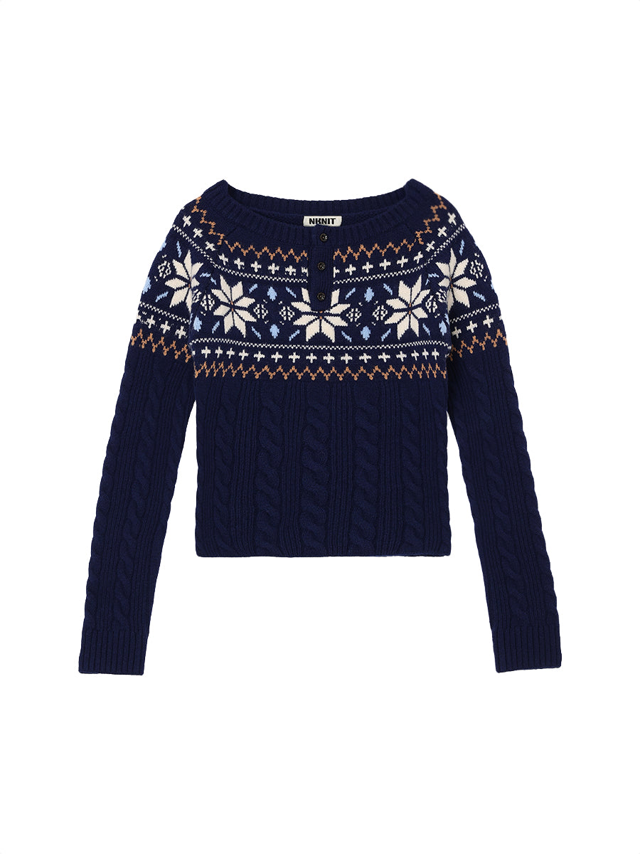 nordic pattern boat neck henley KNIT