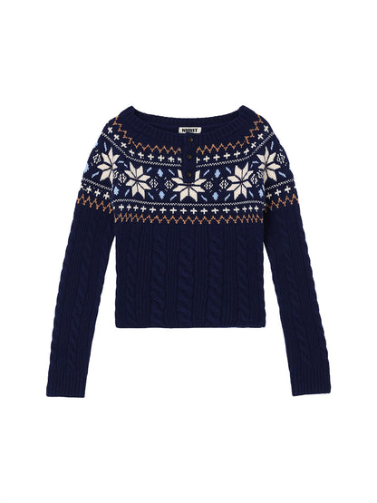 nordic pattern boat neck henley KNIT