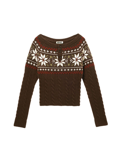 nordic pattern boat neck henley KNIT