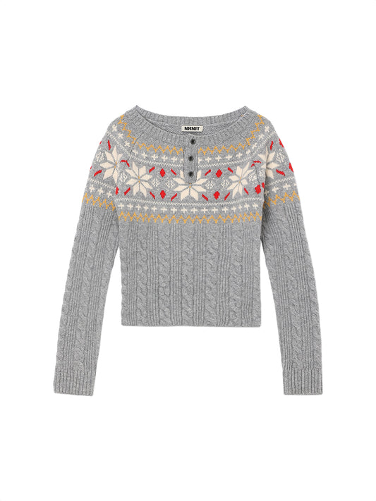 nordic pattern boat neck henley KNIT