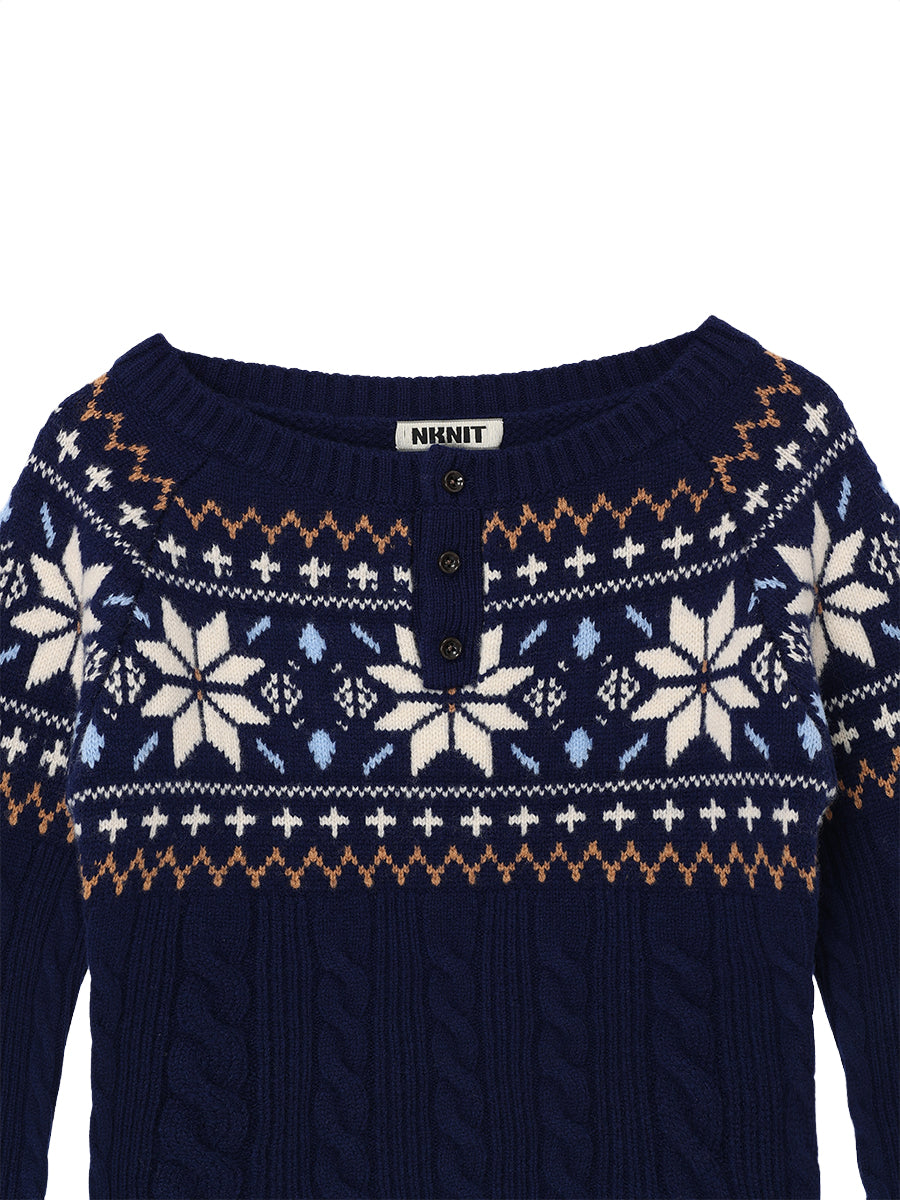 nordic pattern boat neck henley KNIT