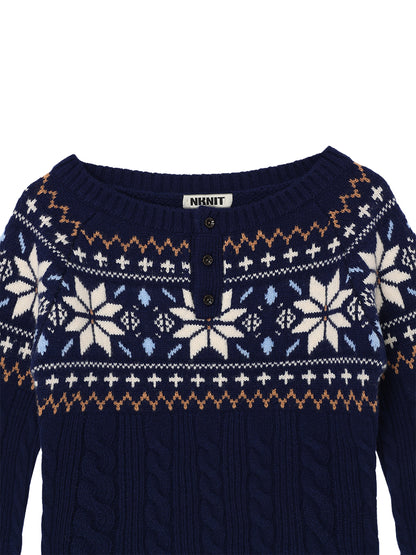 nordic pattern boat neck henley KNIT