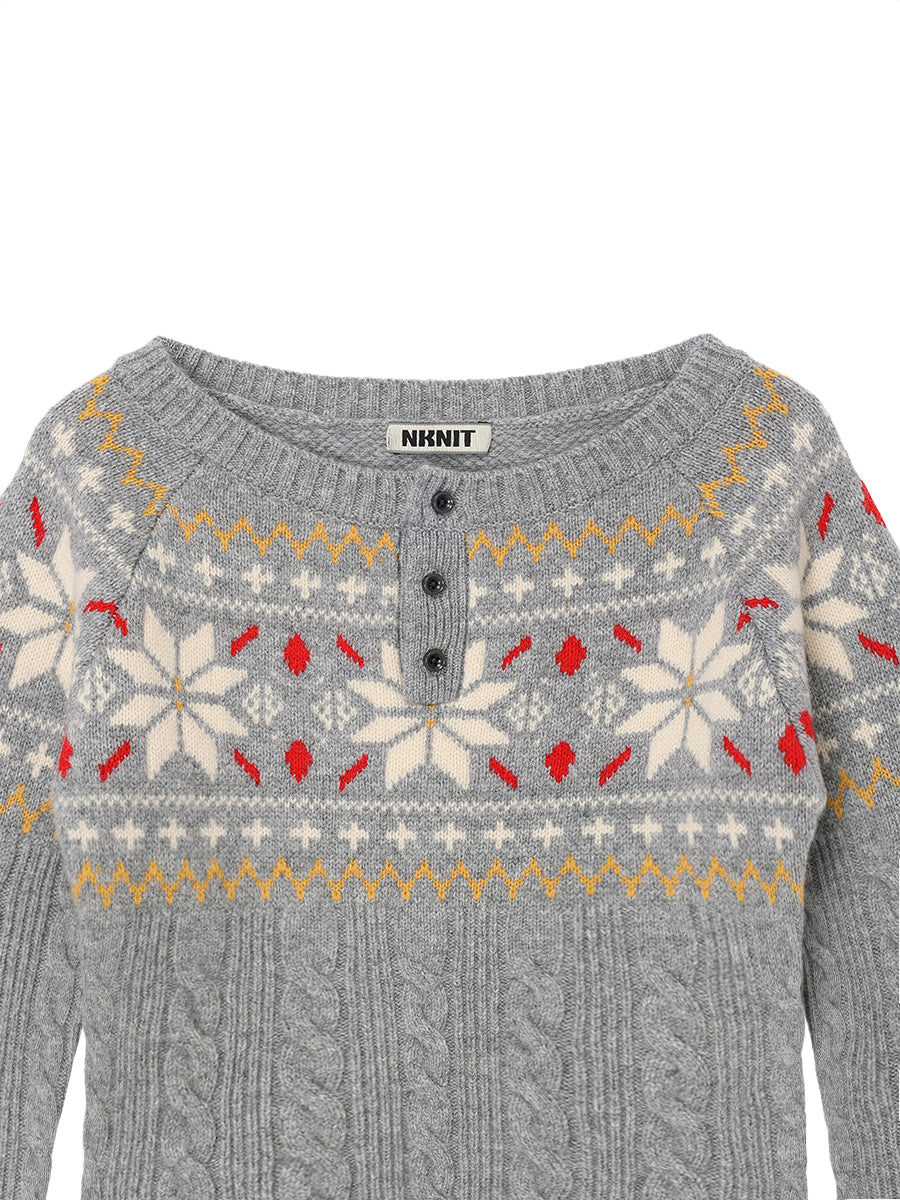 nordic pattern boat neck henley KNIT