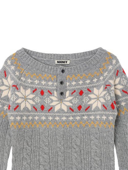 nordic pattern boat neck henley KNIT