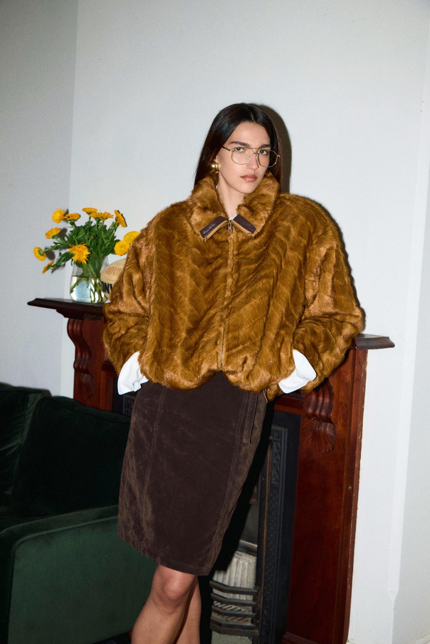 stand collar faux fur jacket