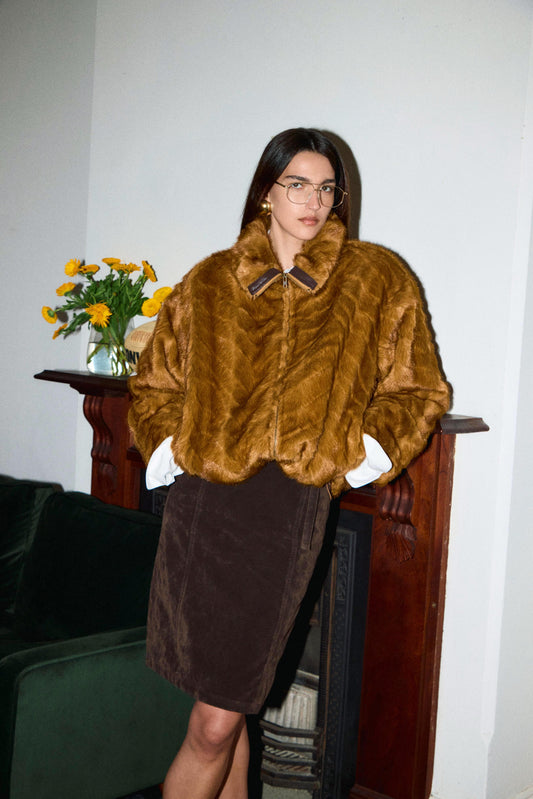 stand collar faux fur jacket