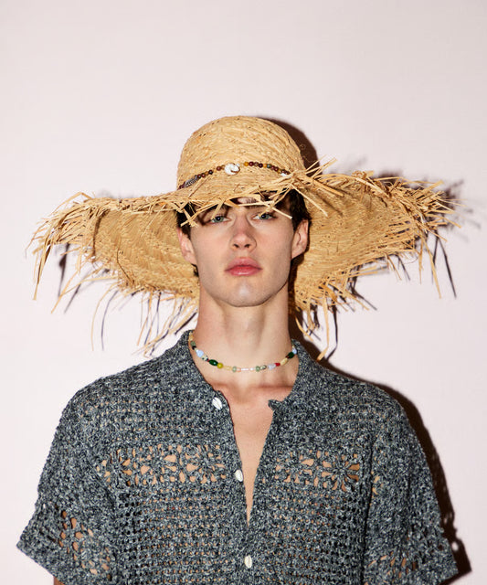 stone charm raffia hat