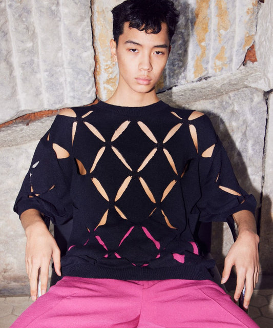 pattern slit knit T-shirt_1